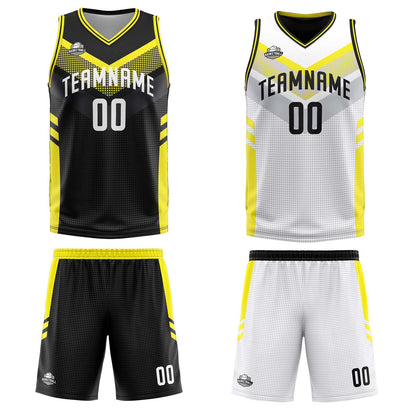 Benutzerdefinierte Schwarz Weiß Gelb Reversible Basketball Jersey Personalisierte Print Name Nummer Logo