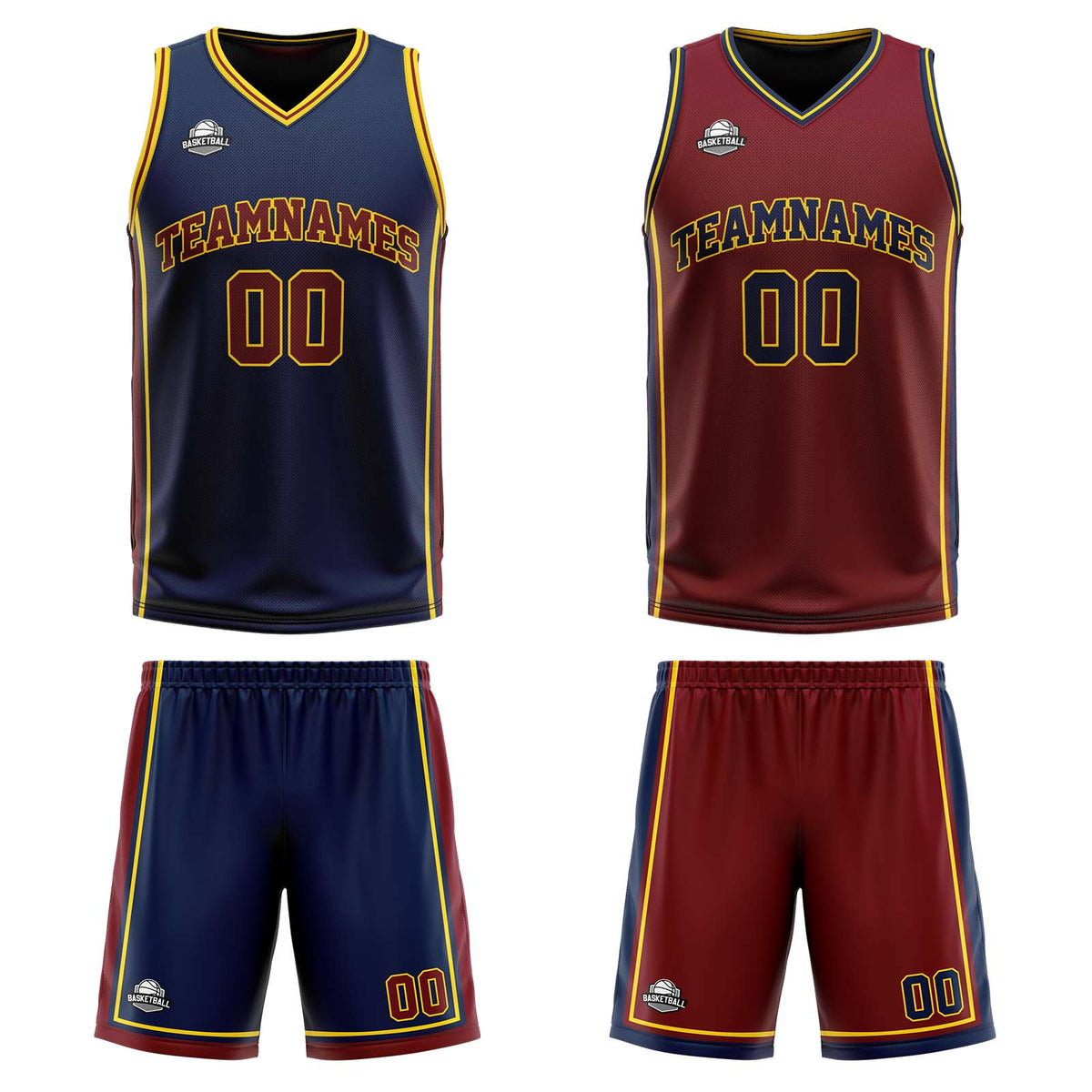 Benutzerdefinierte Marine Wein Gelb Reversible Basketball Jersey Personalisierte Print Name Nummer Logo