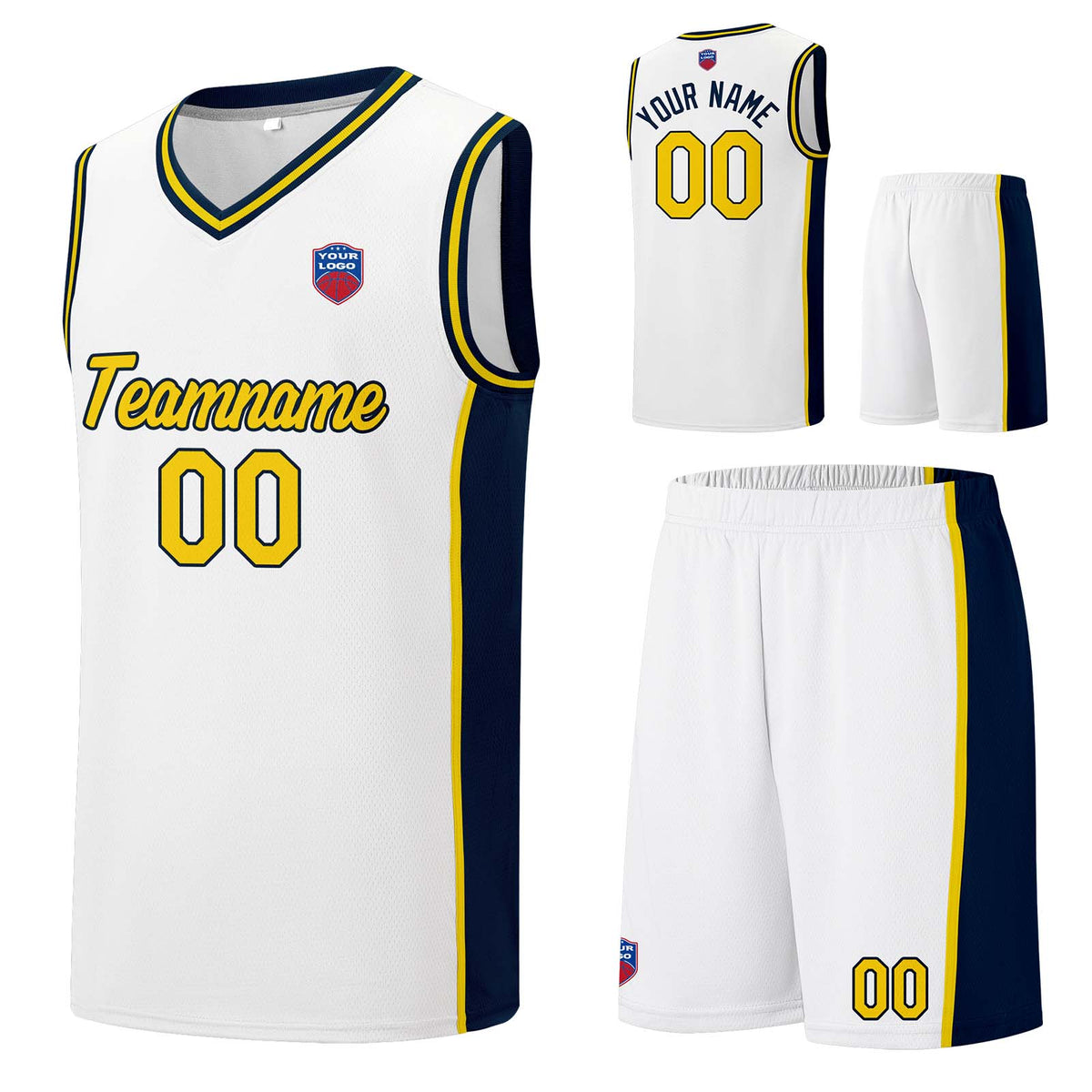 Individuelle Basketball-Jersey-Shorts für Männer und Frauen. Gestickter und gedruckter Name, Nummer und Logo Weiß