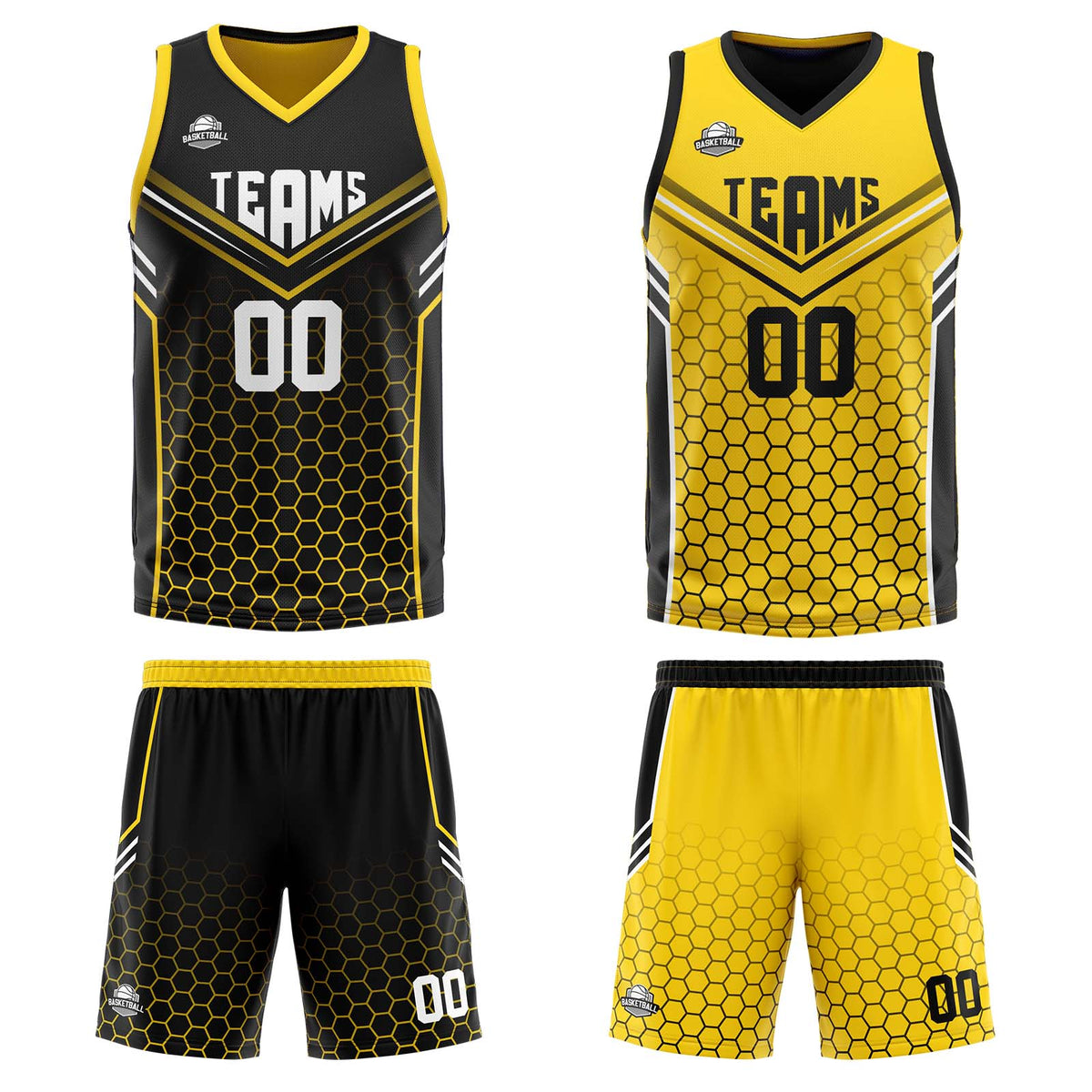 Benutzerdefinierte Schwarz Gelb Reversible Basketball Jersey Personalisierte Print Name Nummer Logo