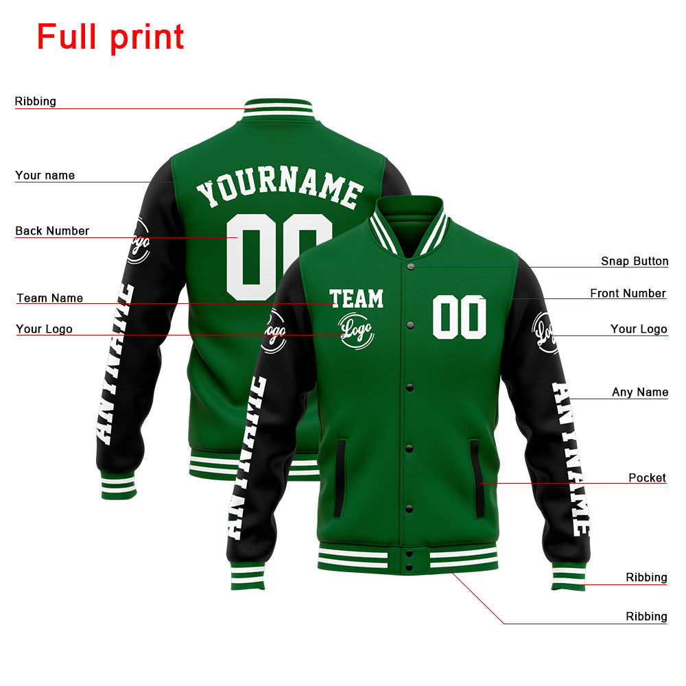 Benutzerdefinierte Varsity-Jacke. Letterman-Jacke für Männer, Frauen und Jugendliche Grün Schwarz