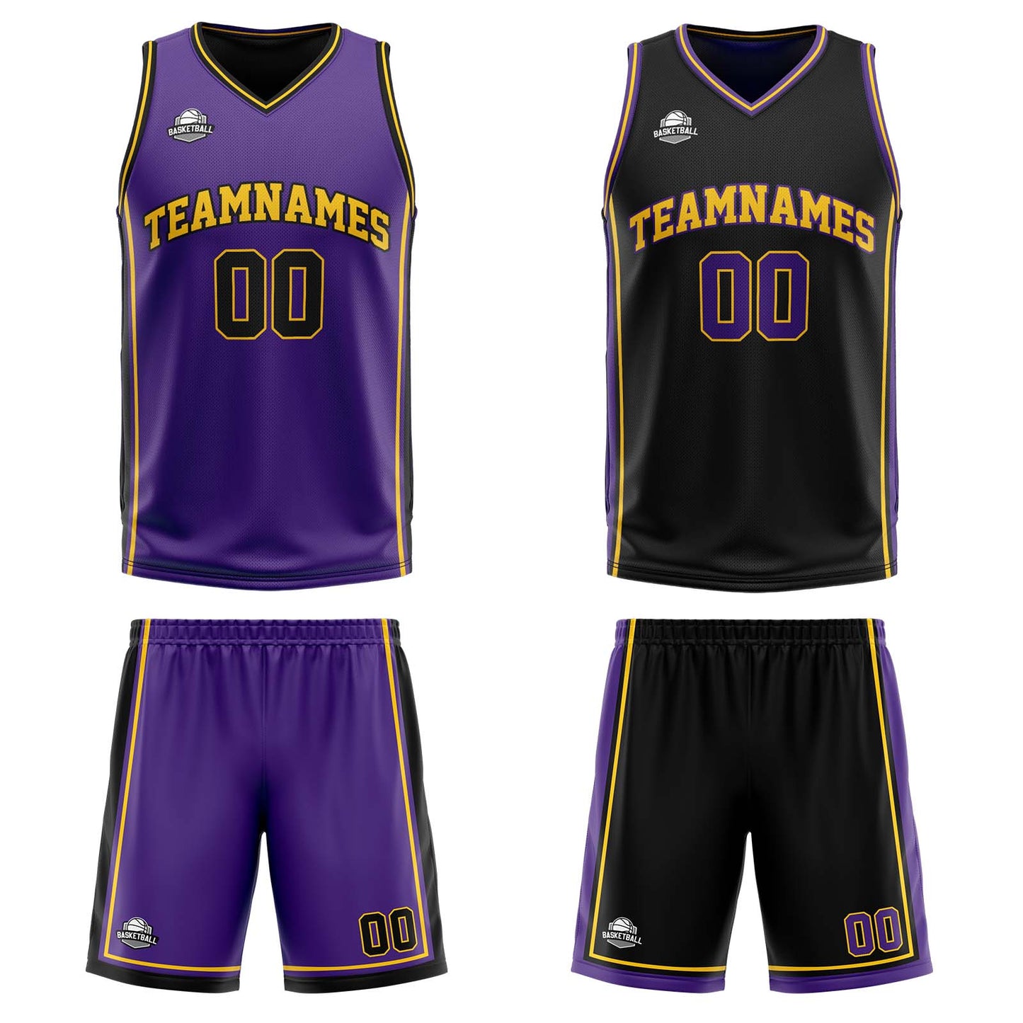 Benutzerdefinierte Lila Schwarz Gelb Reversible Basketball Jersey Personalisierte Print Name Nummer Logo