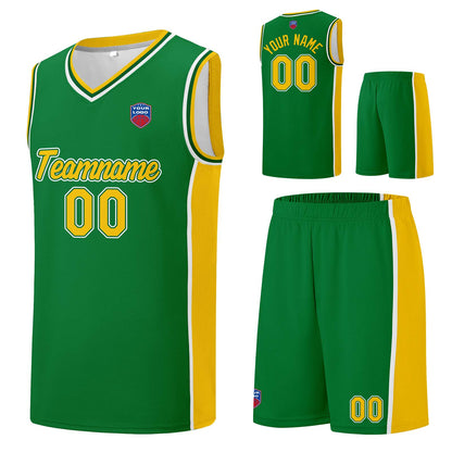 Individuelle Basketball-Jersey-Shorts für Männer und Frauen. Gestickter und gedruckter Name, Nummer und Logo Grün&Gelb