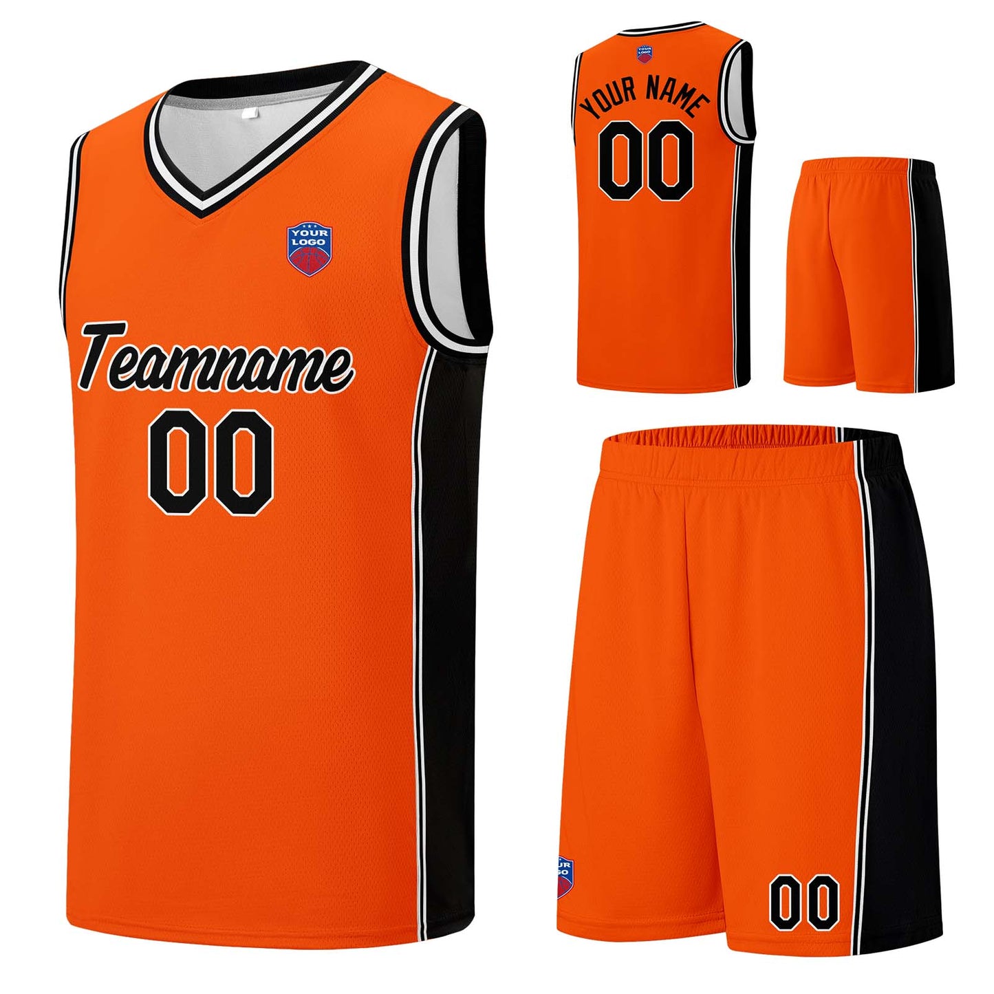 Individuelle Basketball-Jersey-Shorts für Männer und Frauen. Gestickter und gedruckter Name, Nummer und Logo Orange&Schwarz