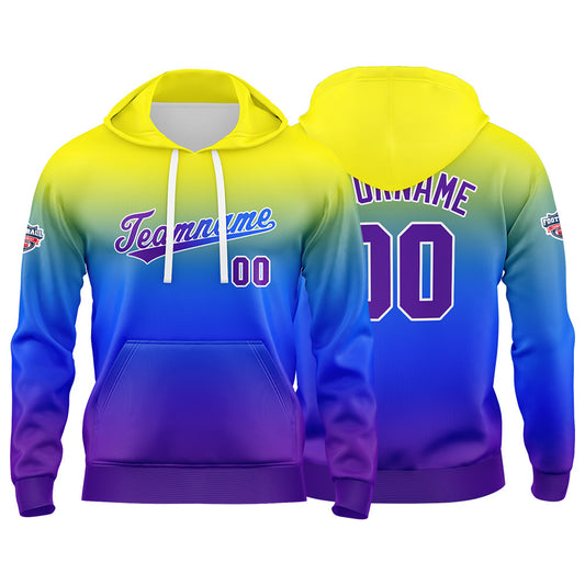 Benutzerdefinierter Verlauf Hoodie für Mann, Frau, Mädchen, Junge. Drucken Sie Ihr Logo, Ihren Namen und Ihre Nummer Gelb Blau