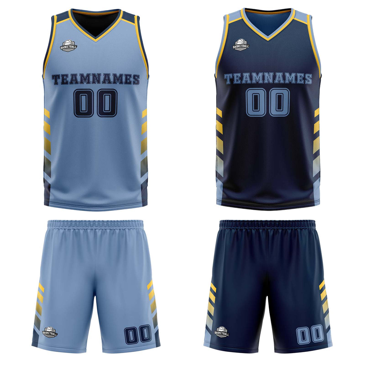 Benutzerdefinierte Hellblau Marinegelb Reversible Basketball Jersey Personalisierte Print Name Nummer Logo