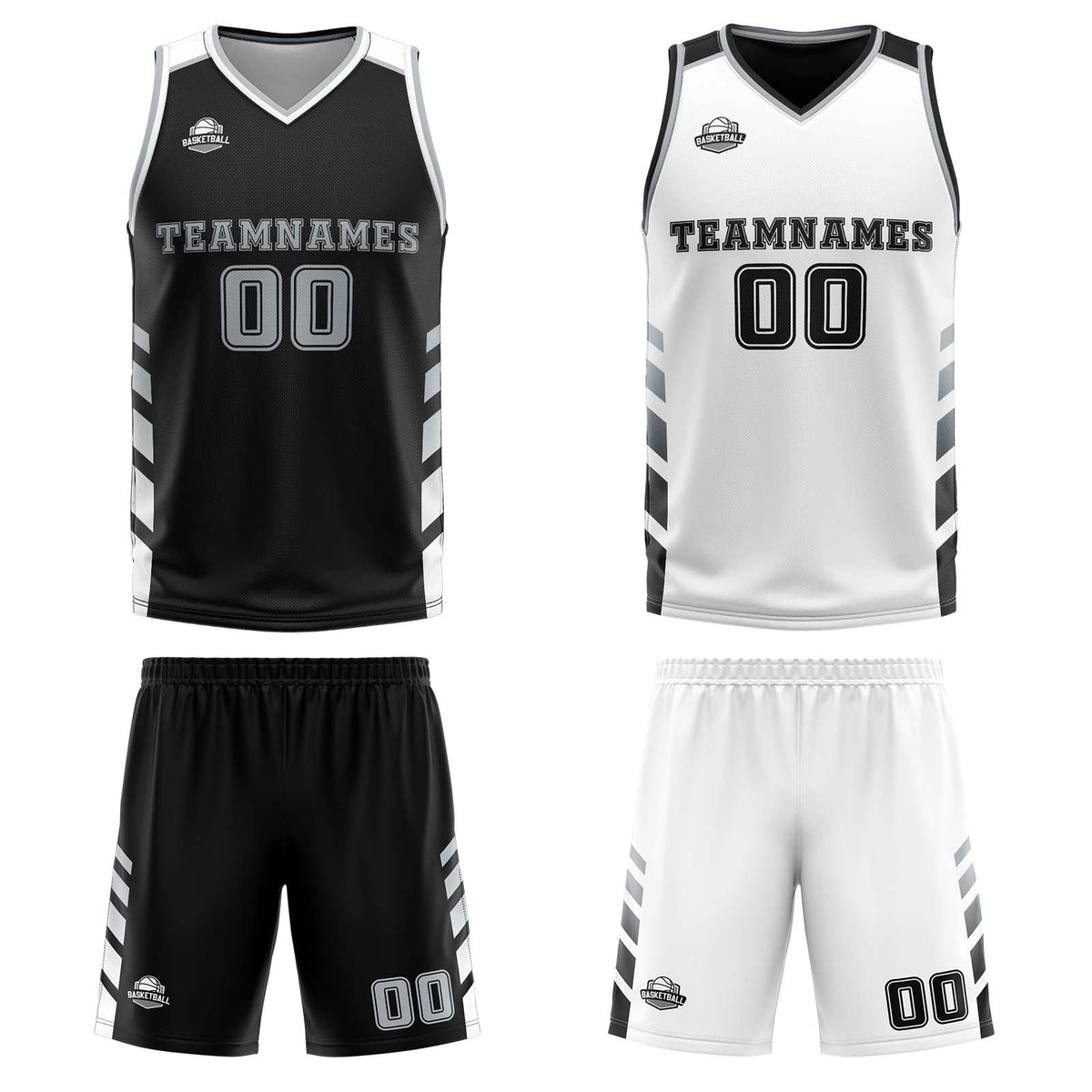 Benutzerdefinierte Schwarz Weiß Grau Reversible Basketball Jersey Personalisierte Print Name Nummer Logo