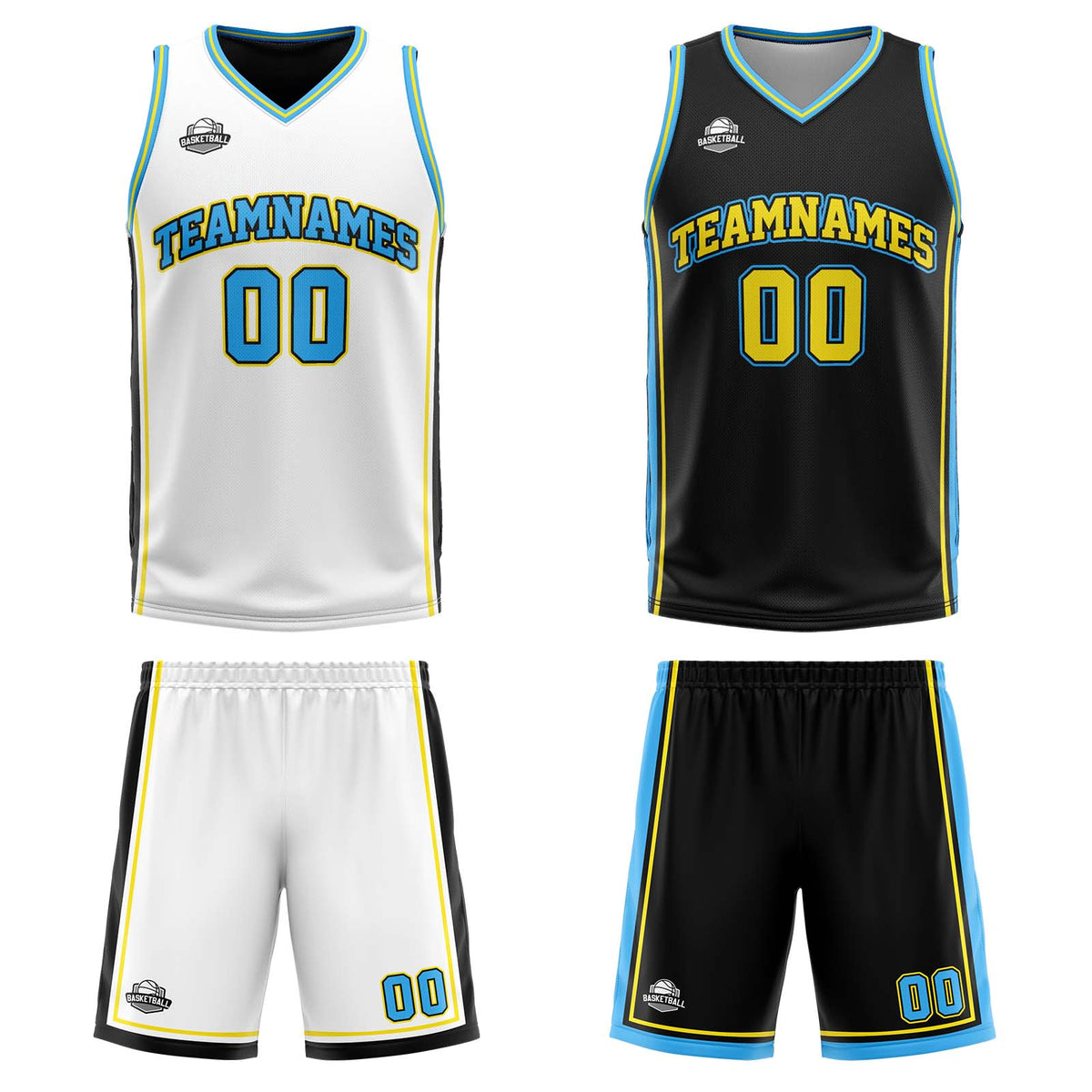 Benutzerdefinierte Weiß Schwarz Hellblau Reversible Basketball Jersey Personalisierte Print Name Nummer Logo