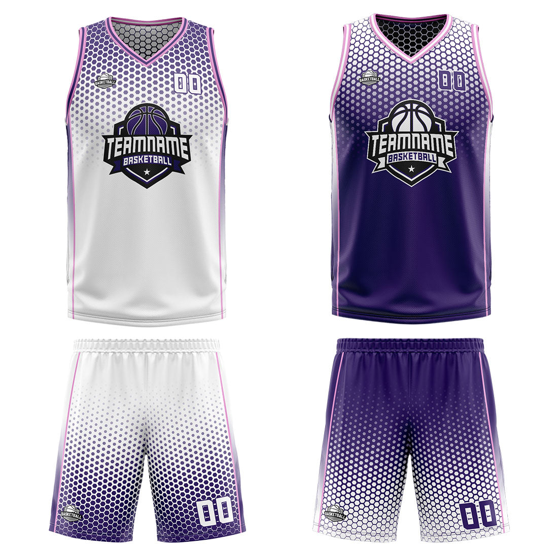 Benutzerdefinierte Weiß Lila Rosa Reversible Basketball Jersey Personalisierte Print Name Nummer Logo