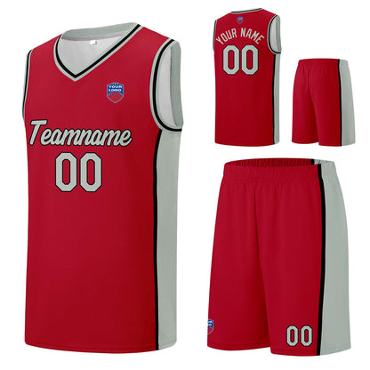 Individuelle Basketball-Jersey-Shorts für Männer und Frauen. Gestickter und gedruckter Name, Nummer und Logo Rot&Grau