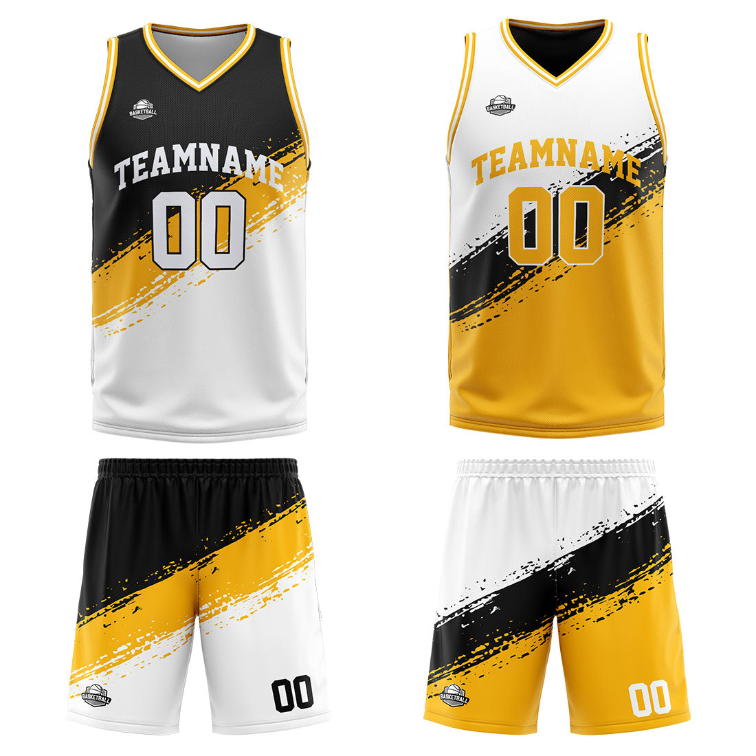 Benutzerdefinierte Reversible Basketball Jersey Personalisierte Print Name Nummer Logo Schwarz-Gelb-Weiß