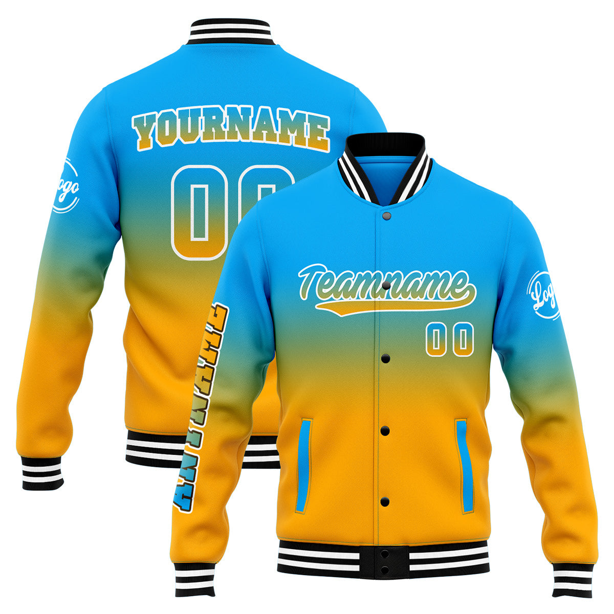 Benutzerdefinierte Verlauf Varsity-Jacke. Letterman-Jacke Hellblau Orange