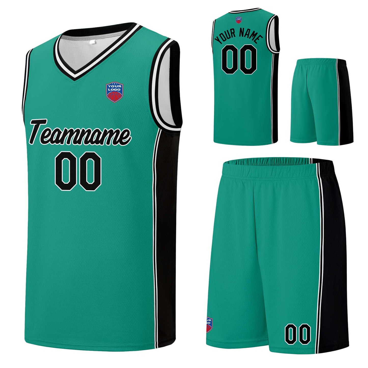 Individuelle Basketball-Jersey-Shorts für Männer und Frauen. Gestickter und gedruckter Name, Nummer und Logo Hellgrün&Schwarz