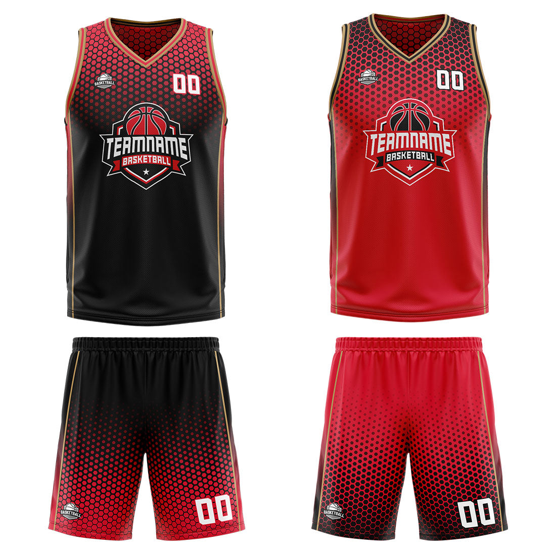 Benutzerdefinierte Schwarz Rot Gold Reversible Basketball Jersey Personalisierte Print Name Nummer Logo