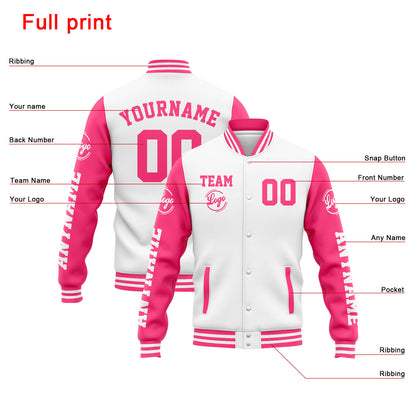 Benutzerdefinierte Varsity-Jacke. Letterman-Jacke für Männer, Frauen und Jugendliche Weiß Rosa
