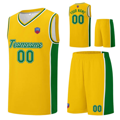 Individuelle Basketball-Jersey-Shorts für Männer und Frauen. Gestickter und gedruckter Name, Nummer und Logo Gelb&Grün