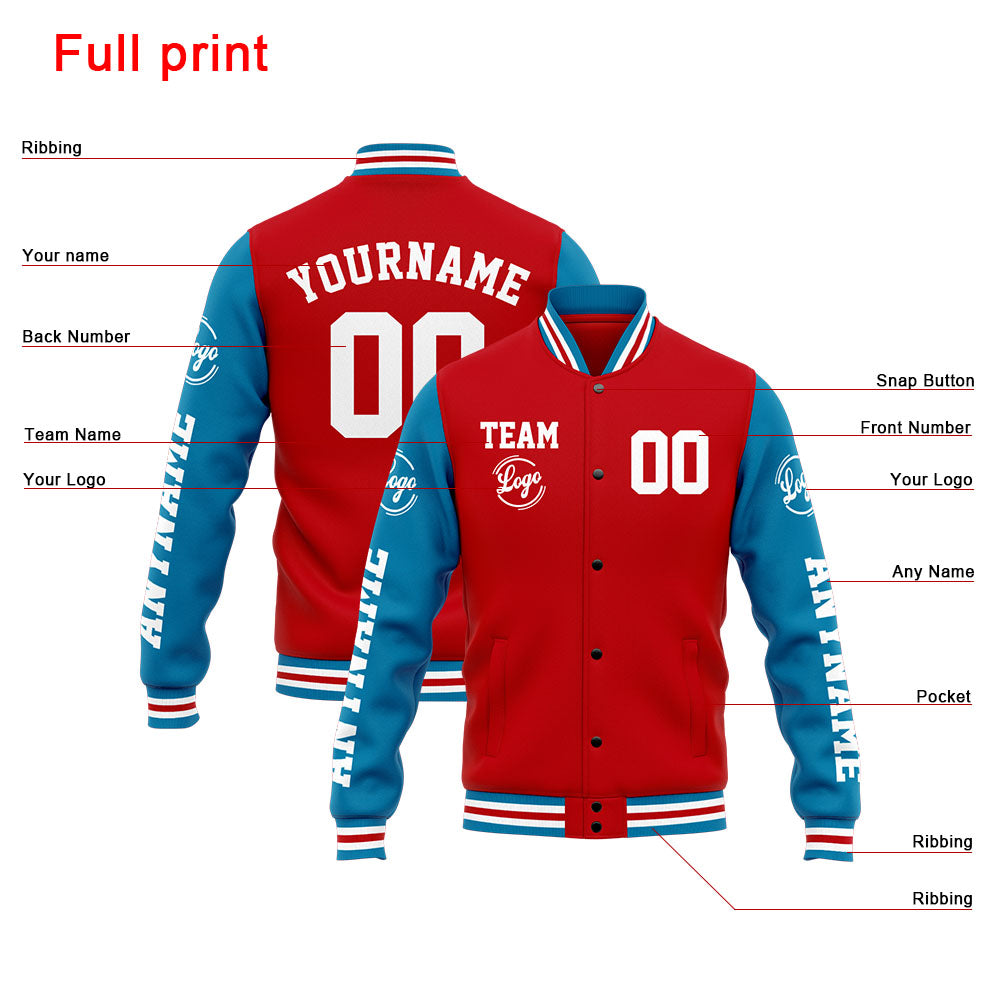 Benutzerdefinierte Varsity-Jacke. Letterman-Jacke für Männer, Frauen und Jugendliche Blau Rot