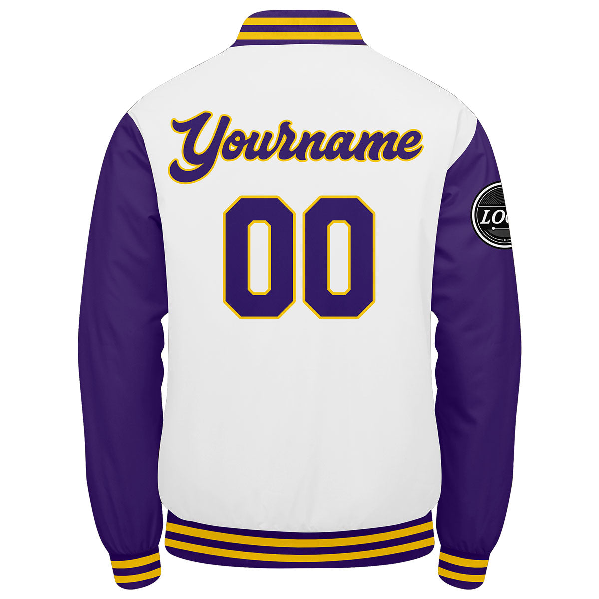 Benutzerdefinierte Verlauf Varsity-Jacke. Letterman-Jacke Lila Weiß Gelb