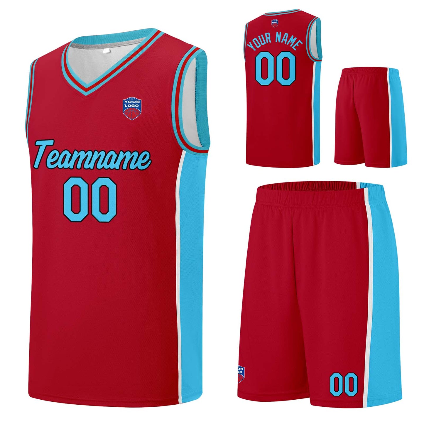 Individuelle Basketball-Jersey-Shorts für Männer und Frauen. Gestickter und gedruckter Name, Nummer und Logo Rot& Hellblau