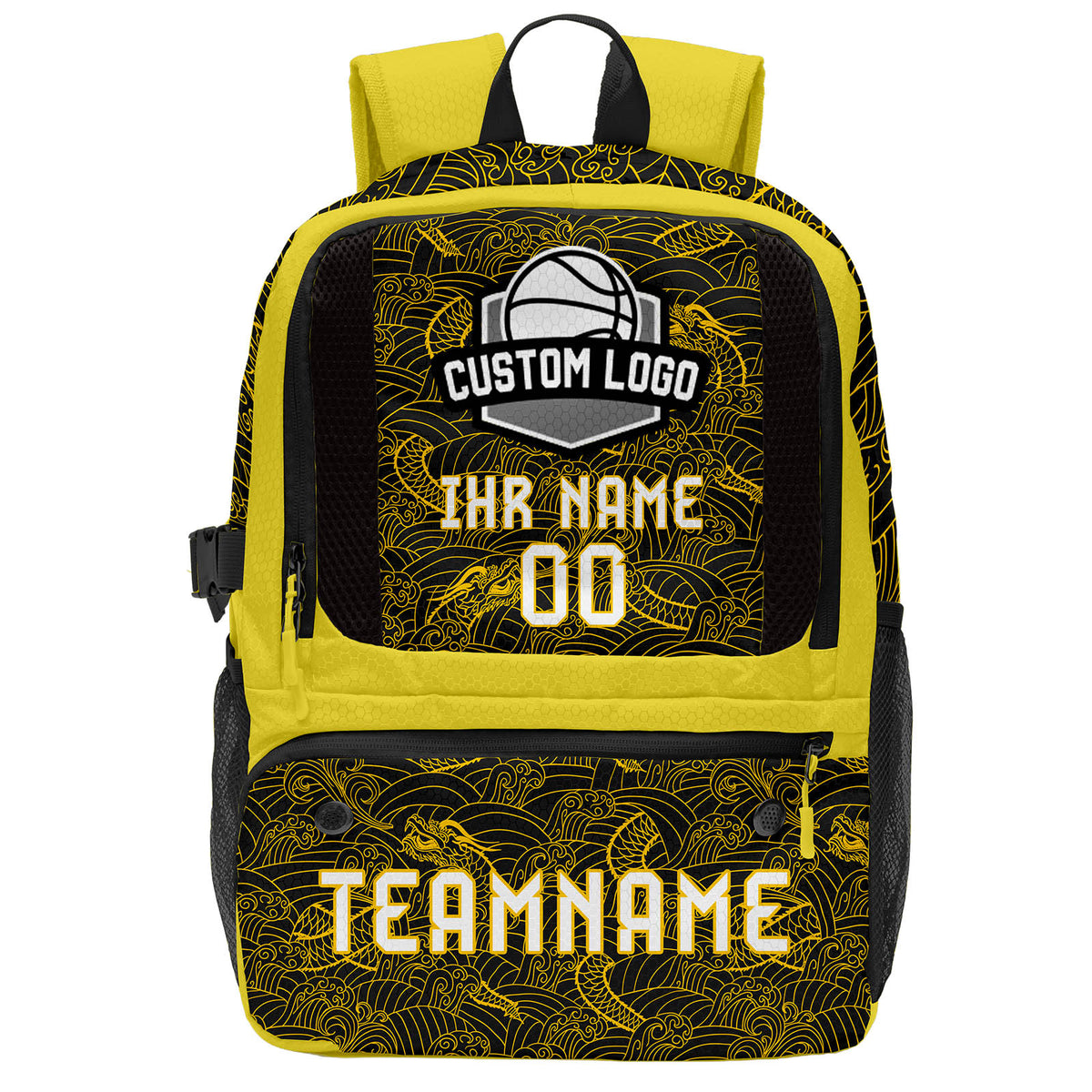 Personalisierter gelb - schwarzer Basketball - Fußballrucksack mit Spielernamen & Nummern und Teamlogo #BP-0919-0040