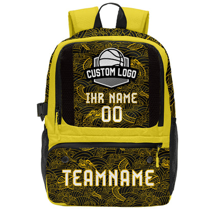 Personalisierter gelb - schwarzer Basketball - Fußballrucksack mit Spielernamen & Nummern und Teamlogo #BP-0919-0040