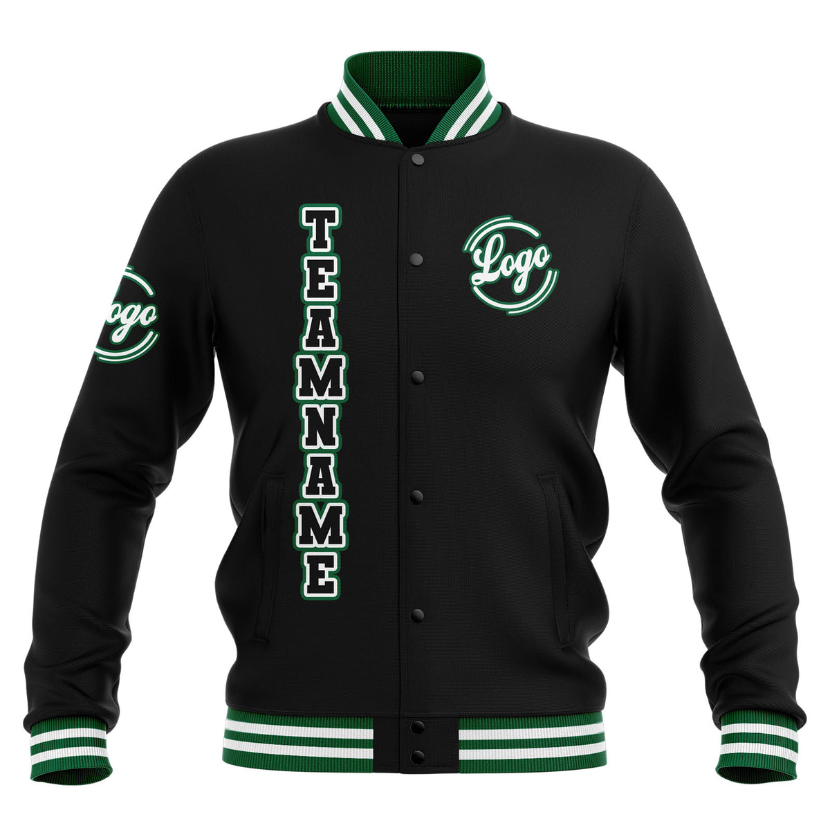 Benutzerdefiniert Schwarz Weiß Grün Wasserdichte Varsity Jacken Personalisiert genäht Name Nummer Logo zu Letterman Jacken