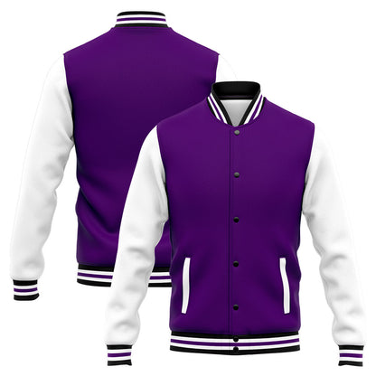Benutzerdefinierte Varsity-Jacke. Letterman-Jacke für Männer, Frauen und Jugendliche Lila Weiß