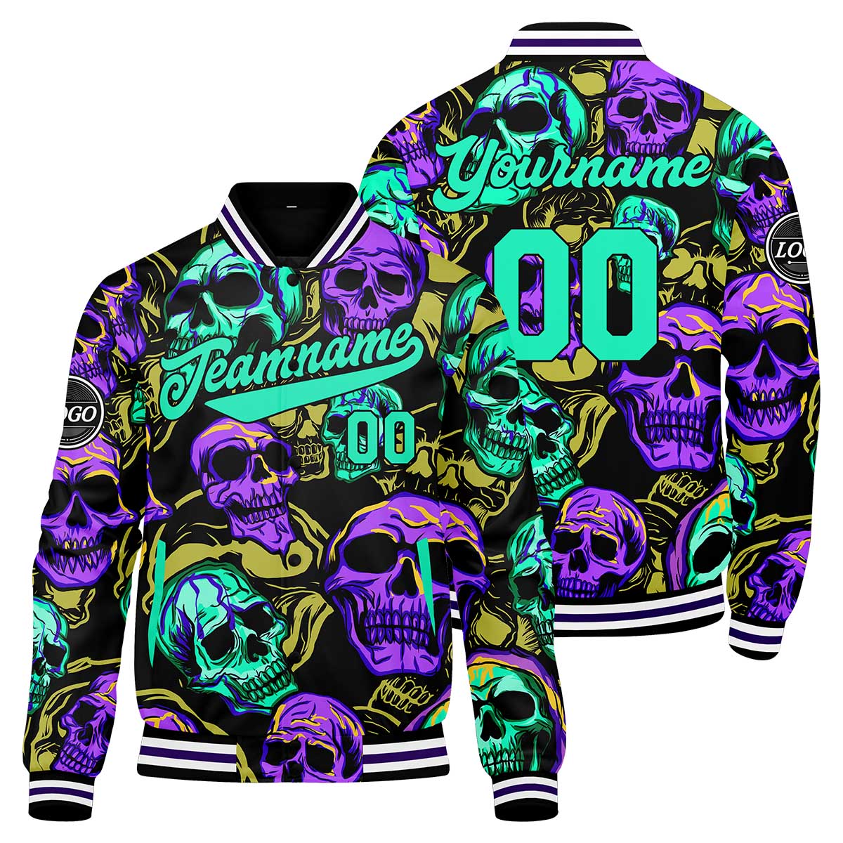 Benutzerdefinierte Grün Lila Varsity-Jacke. Letterman-Jacke für Männer, Frauen und Jugendliche
