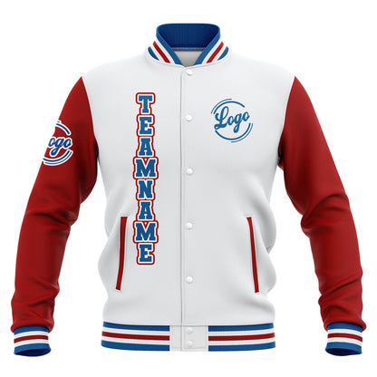 Benutzerdefiniert Weiß Rot Blau Wasserdichte Varsity Jacken Personalisiert genäht Name Nummer Logo zu Letterman Jacken