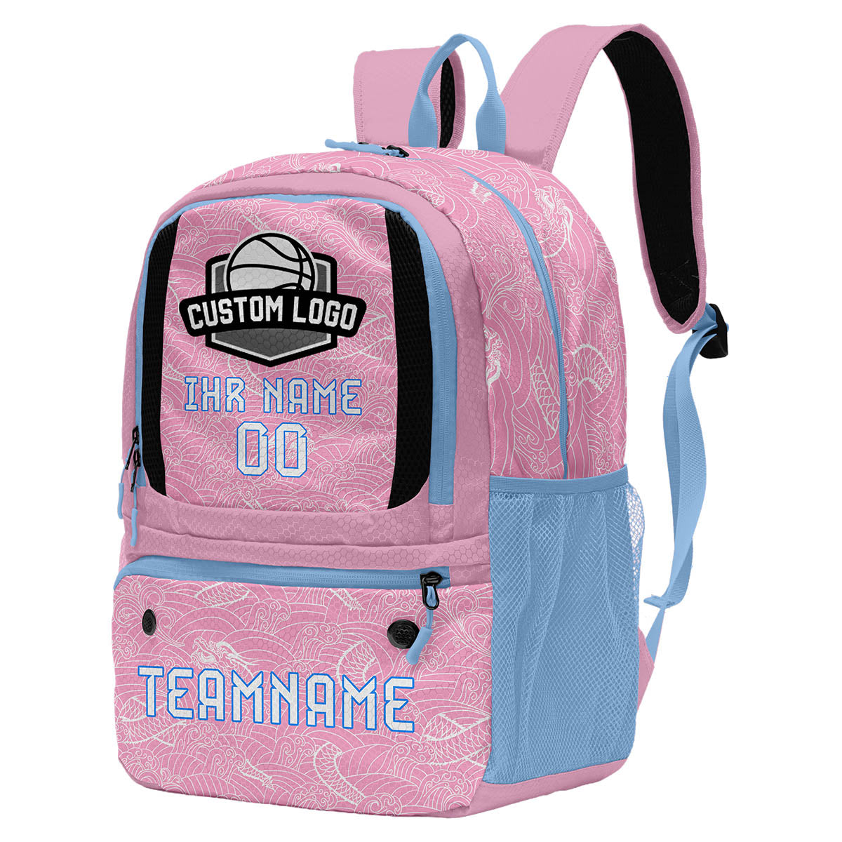 Personalisierter Basketball - und Fußballrucksack in Pink und Blau mit Spielernamen & Nummern und Teamlogo #BP-0919-0028