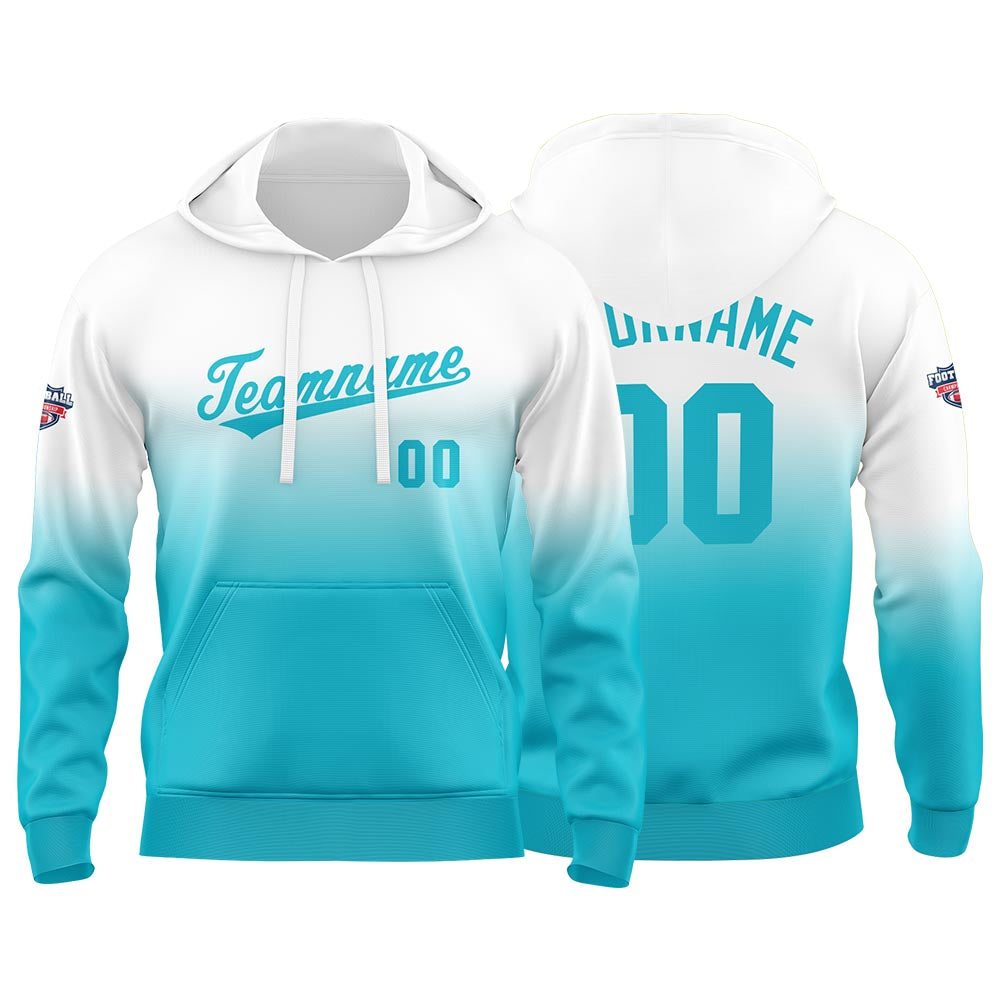 Benutzerdefinierter Verlauf Hoodie für Mann, Frau, Mädchen, Junge. Drucken Sie Ihr Logo, Ihren Namen und Ihre Nummer Blau Weiß