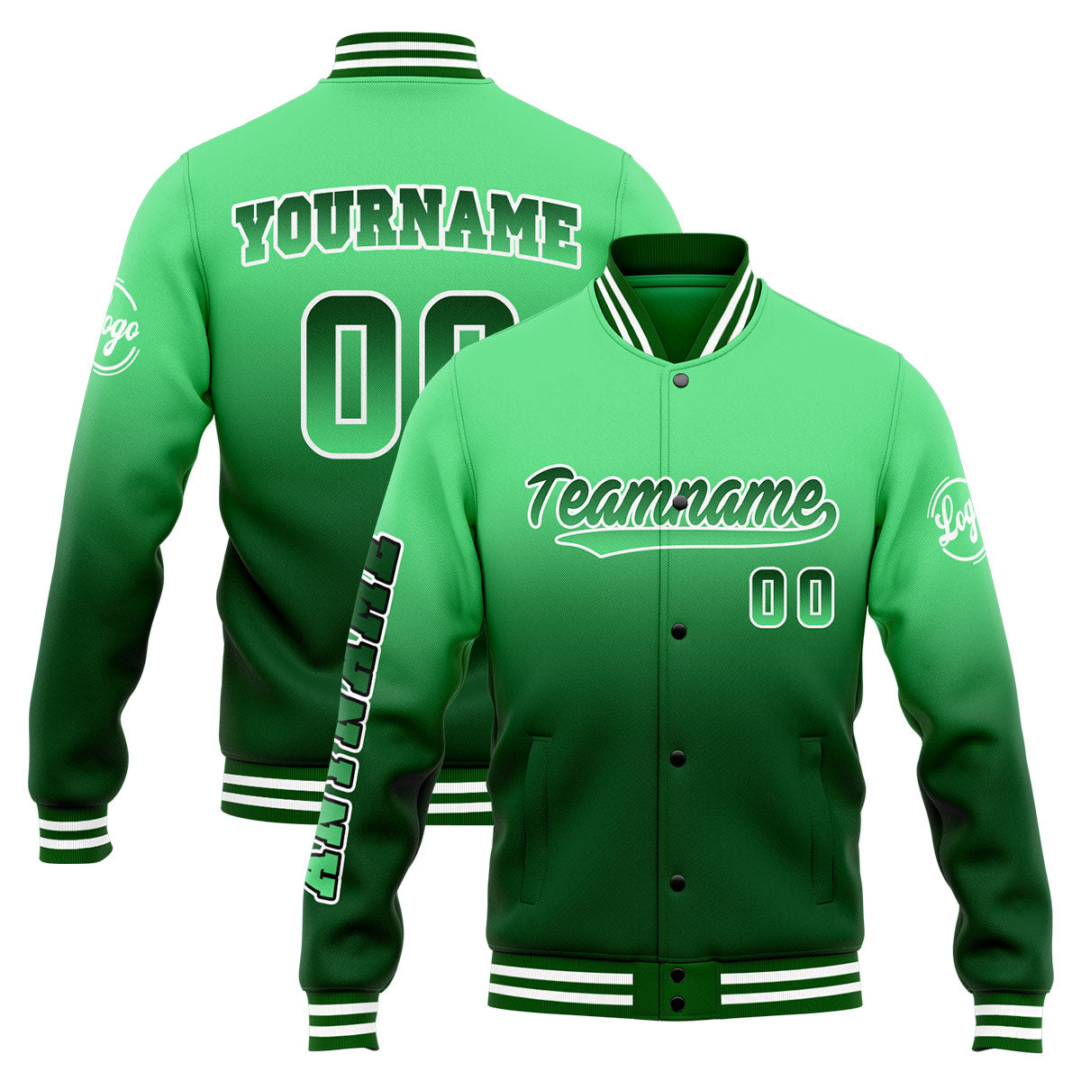 Benutzerdefinierte Verlauf Varsity-Jacke. Letterman-Jacke Grün