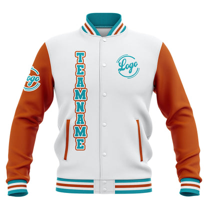 Benutzerdefiniert Weiß Orange Teal Wasserdichte Varsity Jacken Personalisiert genäht Name Nummer Logo zu Letterman Jacken