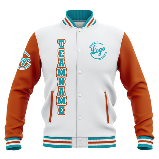 Benutzerdefiniert Weiß Orange Teal Wasserdichte Varsity Jacken Personalisiert genäht Name Nummer Logo zu Letterman Jacken