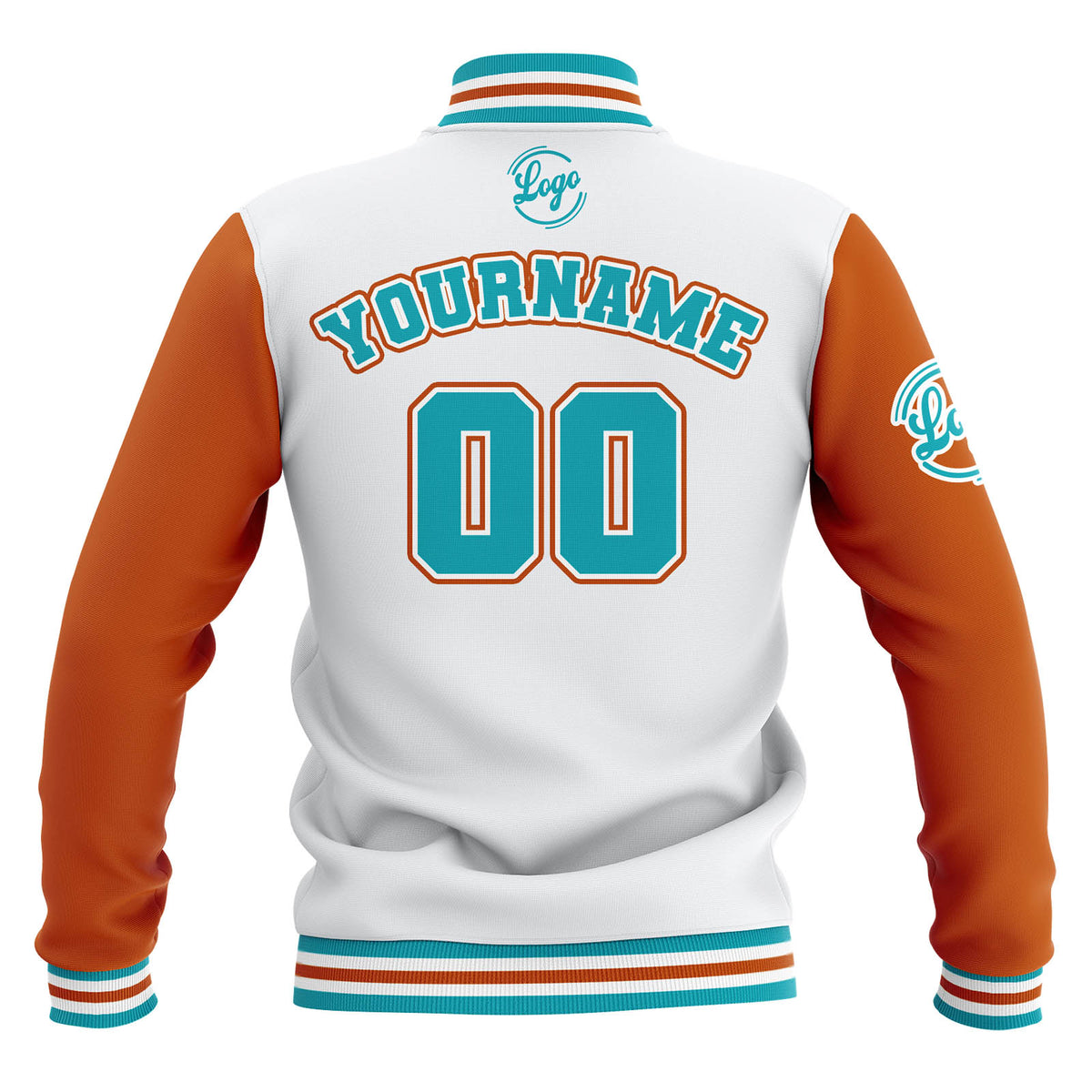 Benutzerdefiniert Weiß Orange Teal Wasserdichte Varsity Jacken Personalisiert genäht Name Nummer Logo zu Letterman Jacken