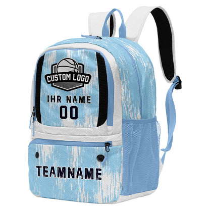 Personalisierter Basketball - und Fußballrucksack in Hellblau & Weiß und Dunkelblau mit Spielernamen & Nummern und Teamlogo #BP-0919-0021