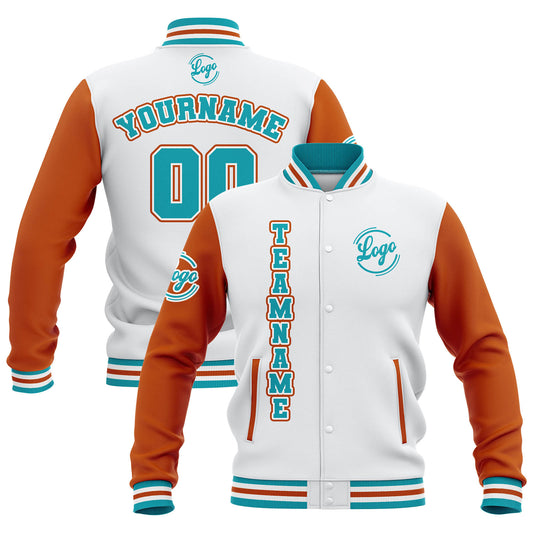 Benutzerdefiniert Weiß Orange Teal Wasserdichte Varsity Jacken Personalisiert genäht Name Nummer Logo zu Letterman Jacken