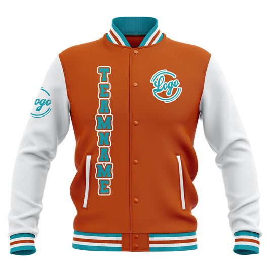 Benutzerdefiniert Orange Weiß Teal Wasserdichte Varsity Jacken Personalisiert genäht Name Nummer Logo zu Letterman Jacken