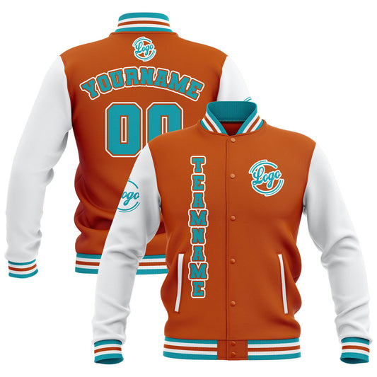 Benutzerdefiniert Orange Weiß Teal Wasserdichte Varsity Jacken Personalisiert genäht Name Nummer Logo zu Letterman Jacken