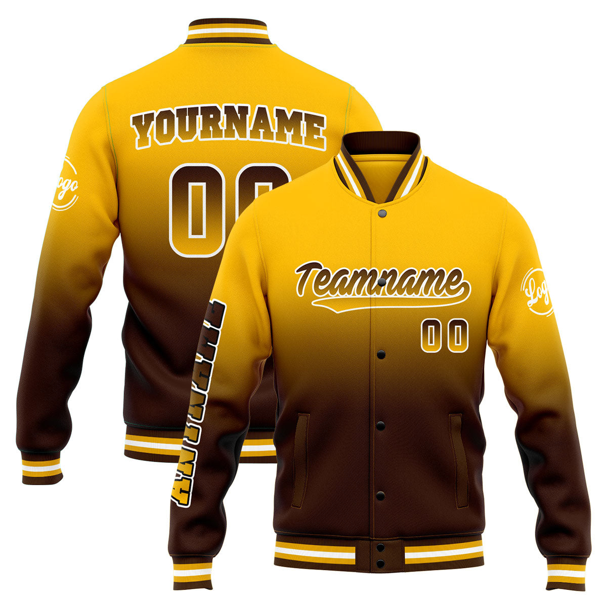 Benutzerdefinierte Verlauf Varsity-Jacke. Letterman-Jacke Gelb braun