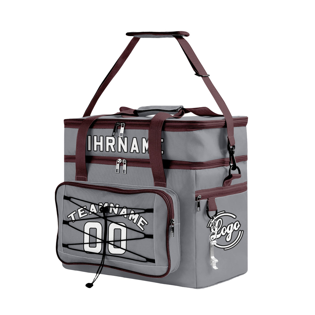 Maßgeschickerte Grau Braun vollflächig bedruckte isolierte Kühltasche mit Doppelwand Wasserdichte 600D Oxford Picknick-Tragetasche für Teamevents & Outdoor-Grillen