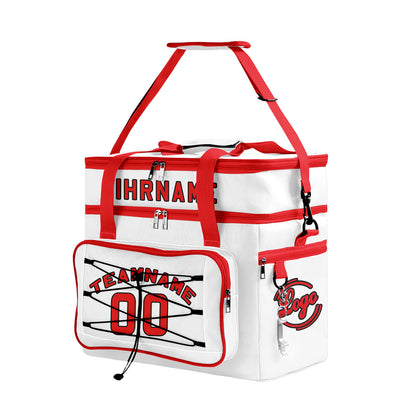 Maßgeschickerte Weiß Rot vollflächig bedruckte isolierte Kühltasche mit Doppelwand Wasserdichte 600D Oxford Picknick-Tragetasche für Teamevents & Outdoor-Grillen