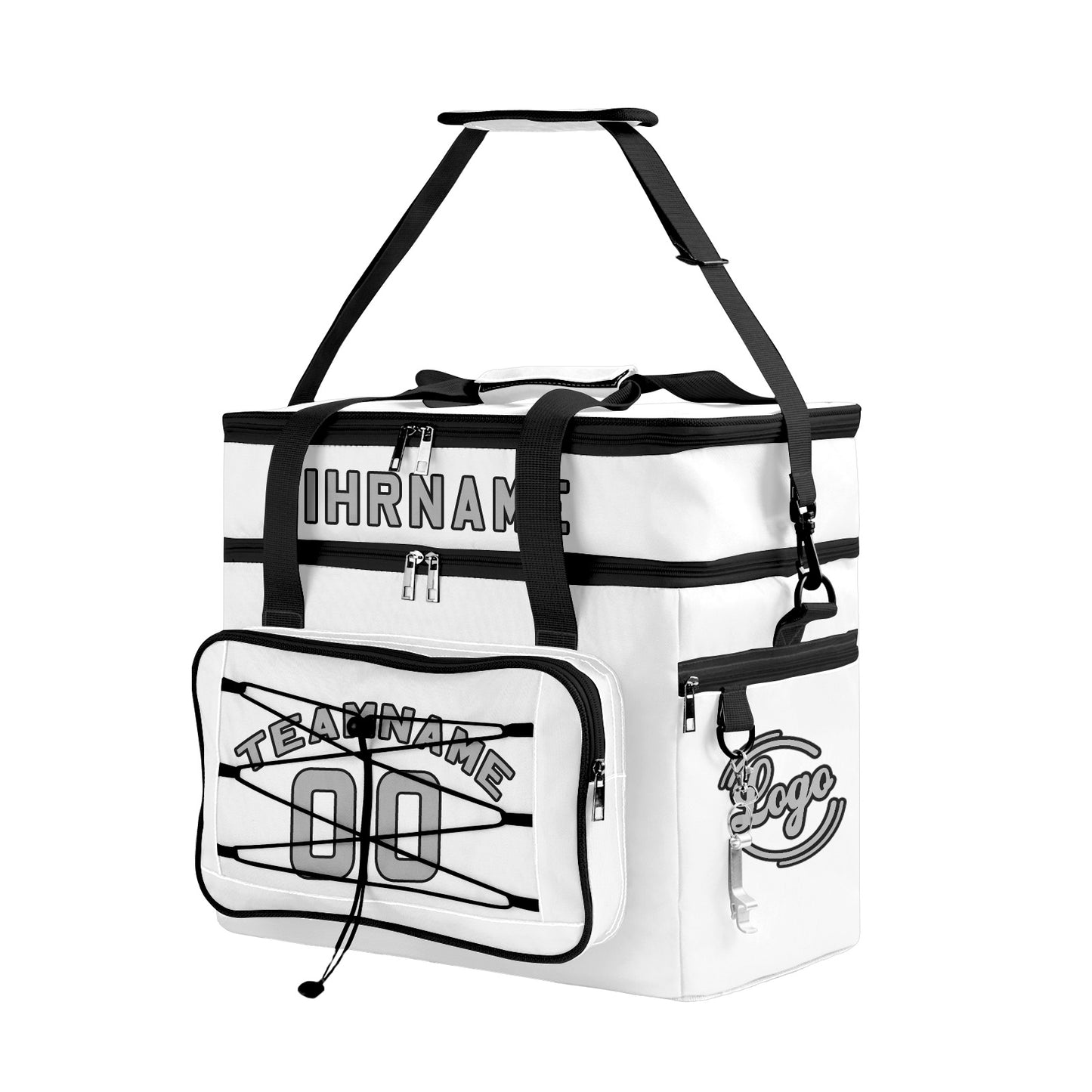 Maßgeschickerte Weiß Schwarz vollflächig bedruckte isolierte Kühltasche mit Doppelwand Wasserdichte 600D Oxford Picknick-Tragetasche für Teamevents & Outdoor-Grillen
