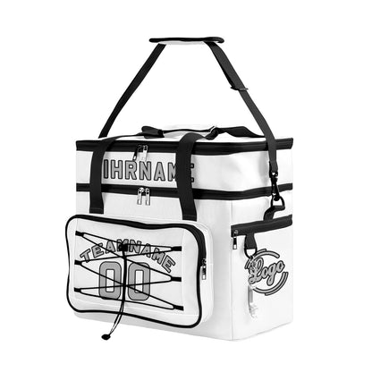 Maßgeschickerte Weiß Schwarz vollflächig bedruckte isolierte Kühltasche mit Doppelwand Wasserdichte 600D Oxford Picknick-Tragetasche für Teamevents & Outdoor-Grillen
