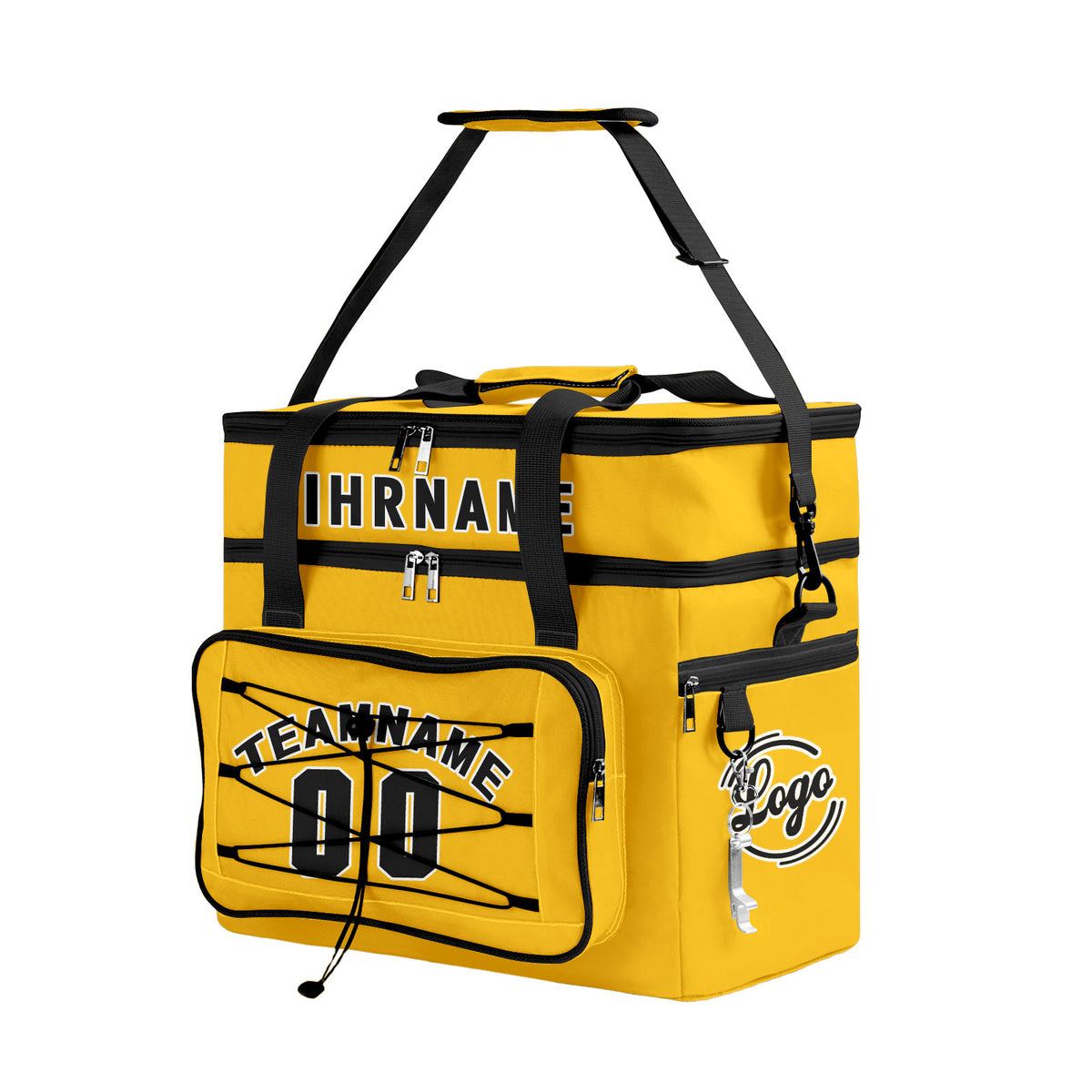 Maßgeschickerte Gelb Schwarz vollflächig bedruckte isolierte Kühltasche mit Doppelwand Wasserdichte 600D Oxford Picknick-Tragetasche für Teamevents & Outdoor-Grillen