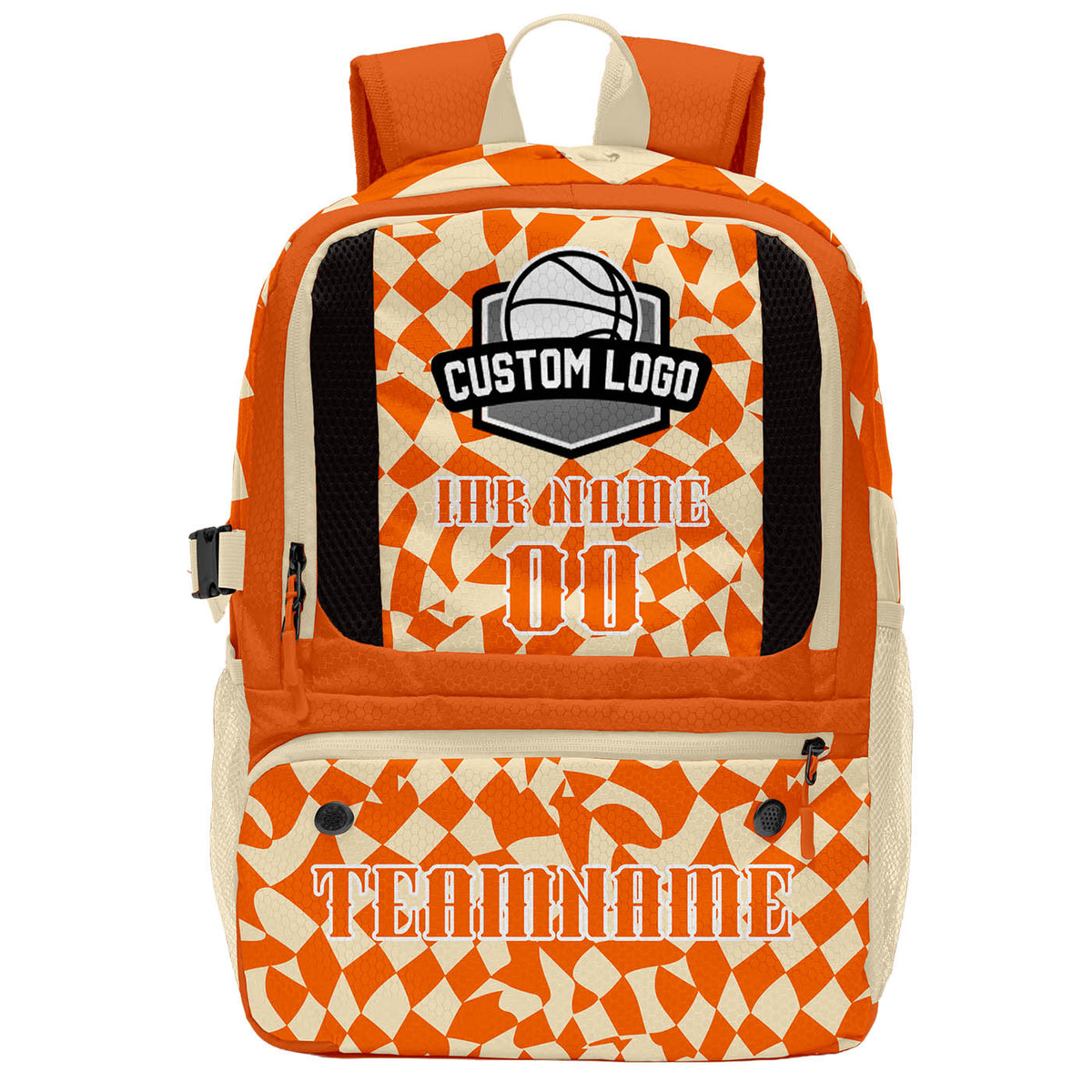 Personalisierter Basketball - und Fußballrucksack in Orange und Beige mit Spielernamen & Nummern und Teamlogo #BP-0919-0023
