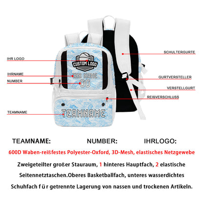 Personalisierter weißer und blauer Basketball - und Fußballrucksack mit Spielernamen & Nummern und Teamlogo #BP-0919-0038