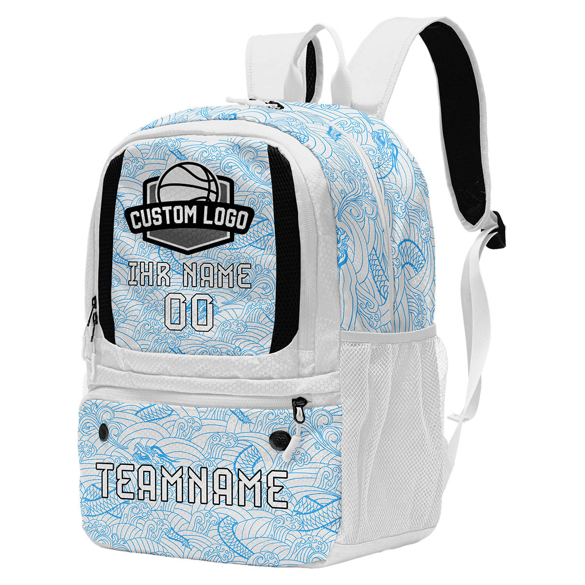 Personalisierter weißer und blauer Basketball - und Fußballrucksack mit Spielernamen & Nummern und Teamlogo #BP-0919-0038