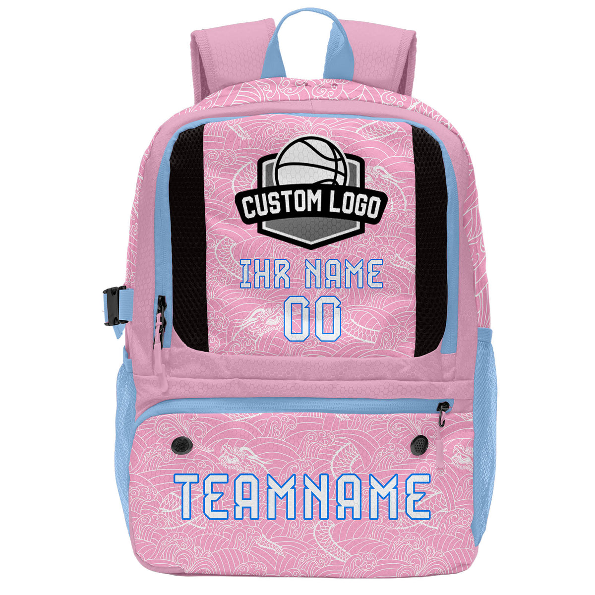 Personalisierter Basketball - und Fußballrucksack in Pink und Blau mit Spielernamen & Nummern und Teamlogo #BP-0919-0028