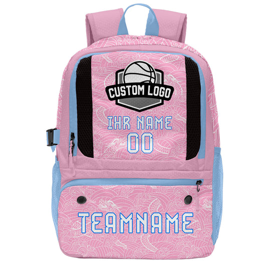 Personalisierter Basketball - und Fußballrucksack in Pink und Blau mit Spielernamen & Nummern und Teamlogo #BP-0919-0028